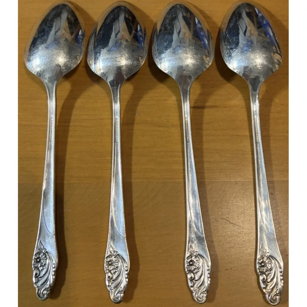 Lot 4 Oneida Community Evening Star Silverplate Tablespoons Serving Spoons 8.5